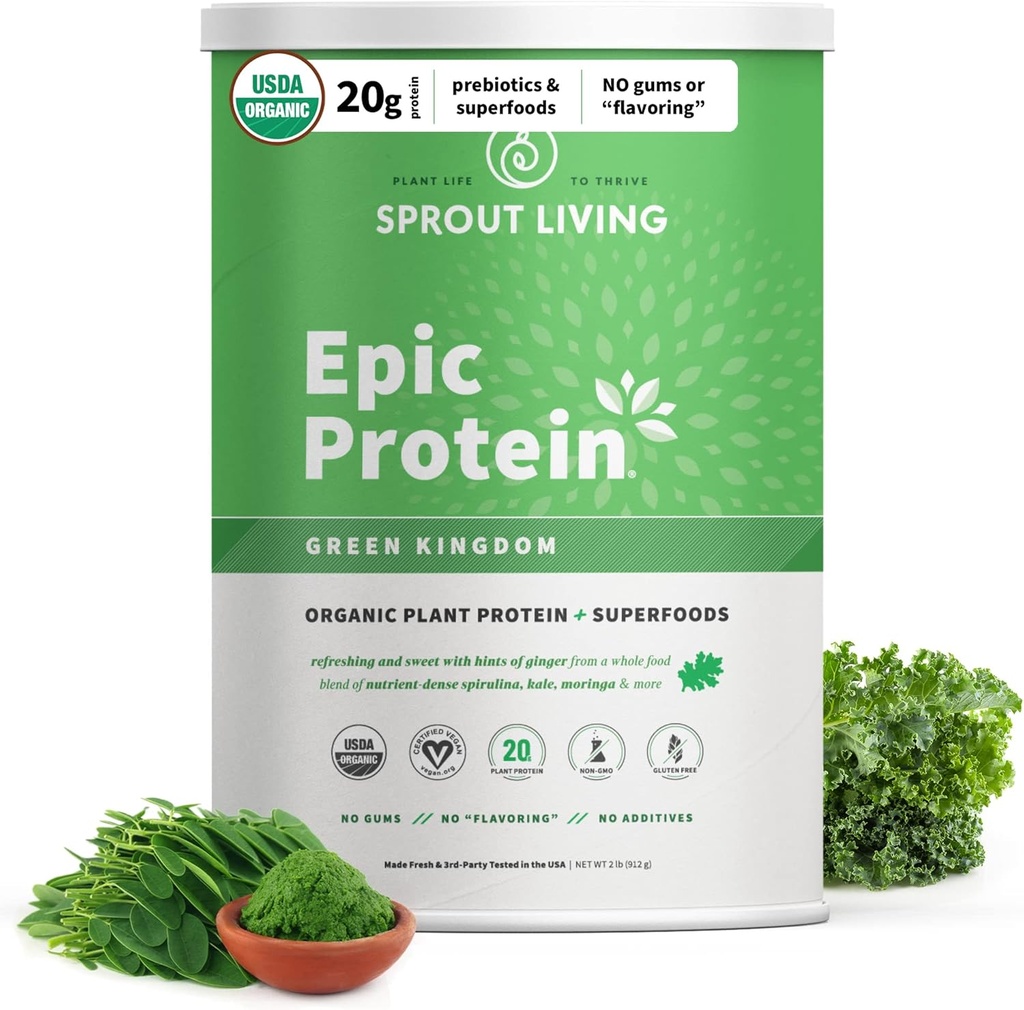Sprout Living Epic Protein, Plant Based Protein & Superfoods Powder, Green Kingdom | 20 Grams Organic Protein Powder, Greens, Vegan, Non Dairy, Non-GMO, Gluten Free, Low Sugar (2 Pound, 24 Servings)