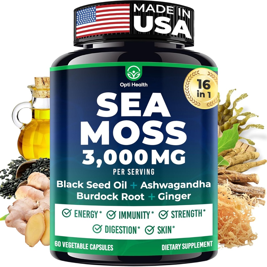 Sea Moss Black Seed Oil Ashwagandha Ginger - Advanced Irish Sea Moss Capsules All in One Supplement with Seamoss Black Seed Oil Ashwagandha Burdock Root Bladderwrack - Pills for Energy, Immune, Gut