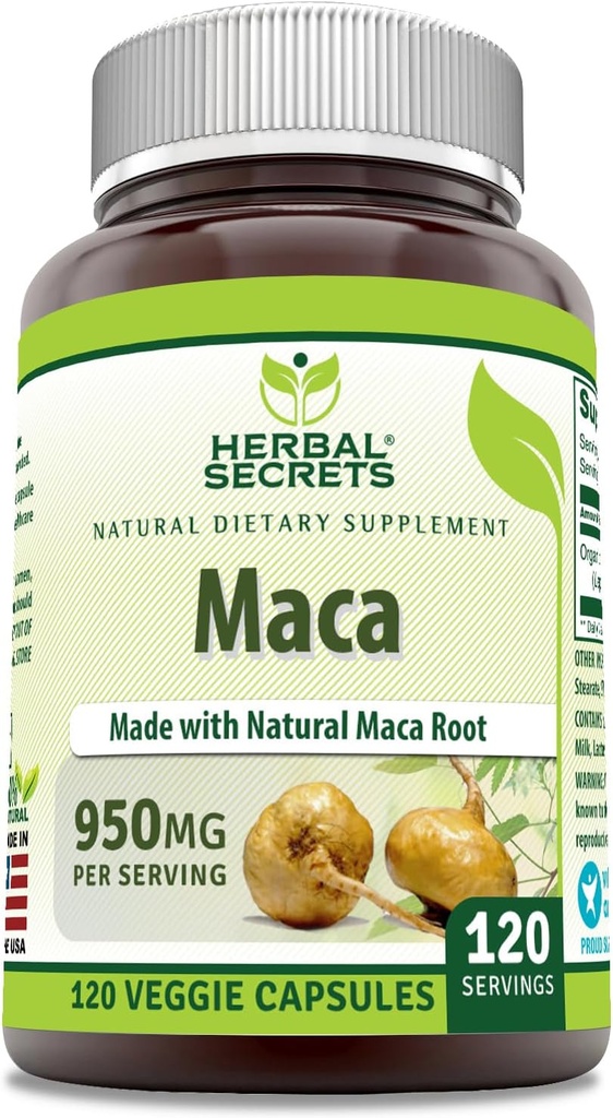 Herbal Secrets Maca Supplement | 950 Mg | 120 Veggie Capsules | Non-GMO | Gluten Free | Made in USA