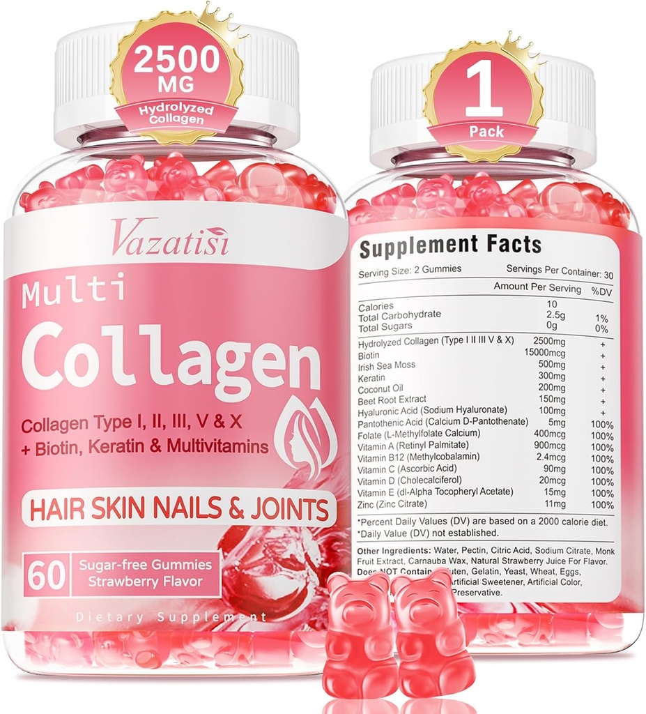 Sugar Free Collagen Gummies for Women & Men | Hydrolyzed Collagen Peptides for Hair, Skin & Nails | Multi Collagen Protein Type I, II, III, V, X with Biotin & Vitamin C | Strawberry Flavor, 60 Count