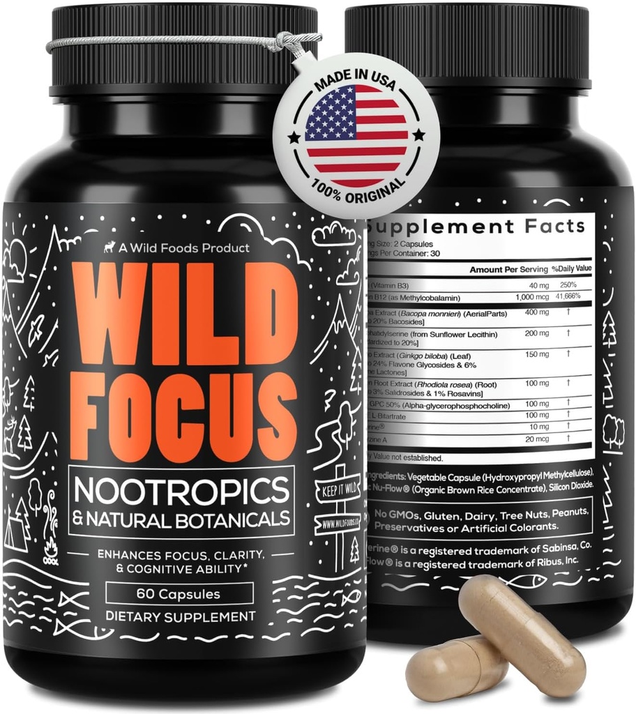 Wild Focus Brain Supplements | Caffeine-Free, Plant-Based Botanicals | Lions Mane, Ginkgo Biloba, Bacopa Monnieri, Lemon Balm | 100% Natural Nootropic | 60 caps