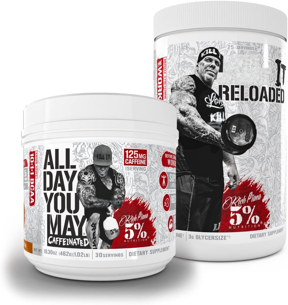 5% Nutrition Rich Piana Bundle | AllDayYouMay Caffeinated BCAA Powder (Southern Sweet Tea) + Reloaded High-Stim Pre-Workout (Fruit Punch)