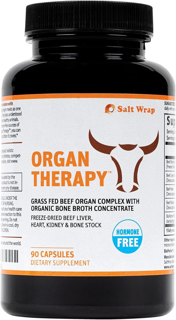 SaltWrap Organ Therapy - Grass Fed Beef Organ Meat Complex Supplement with Organic Bone Broth Concentrate (Beef Liver, Heart, Kidney and Bone Broth Capsules with BioPerine) Desiccated, 90 Capsules