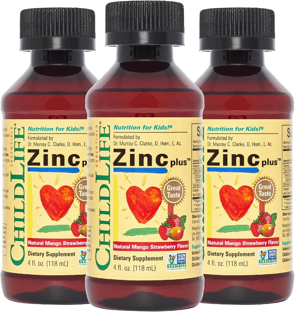 CHILDLIFE ESSENTIALS Liquid Zinc Plus for Kids & Toddler - Liquid Supplement Drops, Zinc Gluconate & Copper for Immune Support - Mango Strawberry, 4 Fl Oz (Pack of 3)