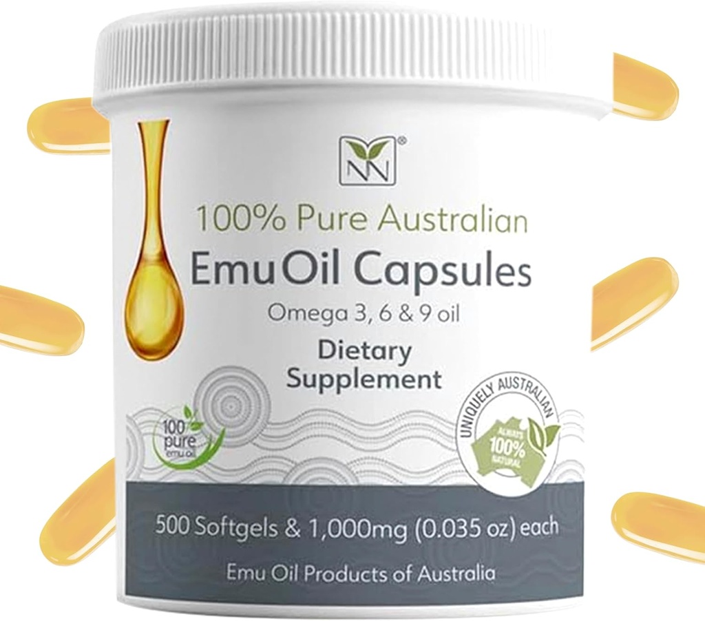 Emu Oil Capsules - Heart, Hair, Metabolism & Joint Support Supplement - Pharmaceutical Grade Emu Oil with CLA, Omegas 3, 6 & 9 with Vitamin K2, A & E by Y-Not Natural - 1000mg, 500 Capsules