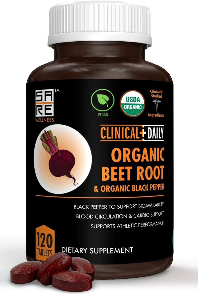 Clinical Daily USDA Organic Beet Root Powder Tablets for Fast Dissolution. 1350mg Beets Blood Circulation Supplements Support Blood Pressure, Energy, High Athletic Performance. Non-GMO 120 Beet Pills