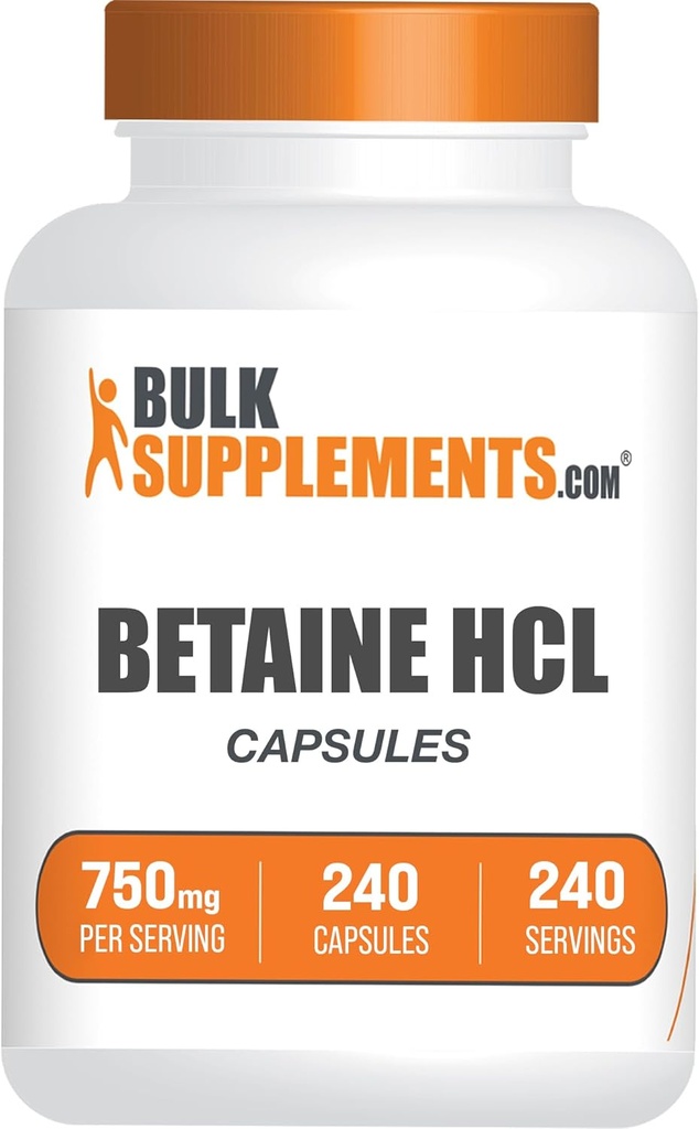 BulkSupplements.com Betaine HCl Capsules - Betaine Hydrochloride Supplement for Digestive Support, Betaine HCl 750mg - Gluten Free, 1 Capsule per Serving, 240 Capsules (Pack of 1)