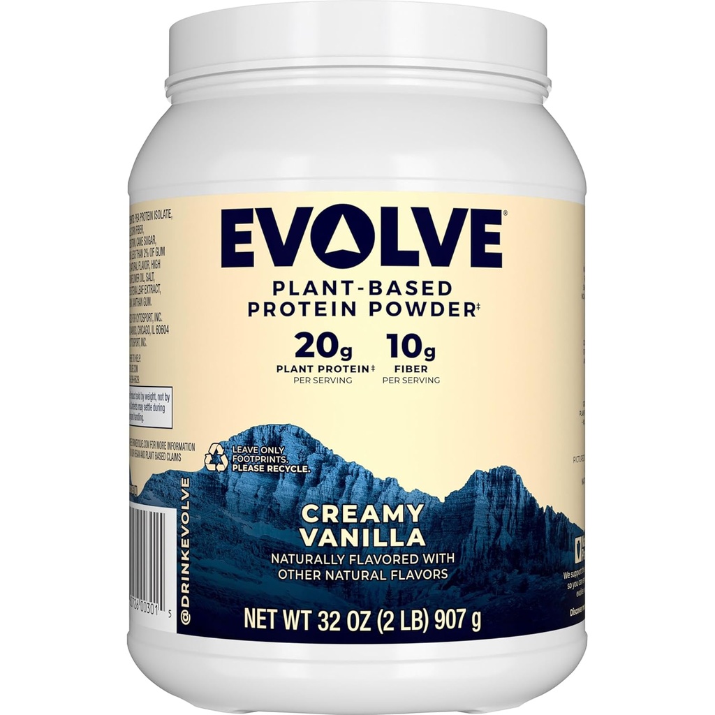 Evolve Plant Based Protein Powder, Vanilla Bean, 20g Vegan Protein, Dairy Free, No Artificial Flavors, Non-GMO, 10g Fiber, Amazon Exclusive, 2 Pound (Packaging May Vary)