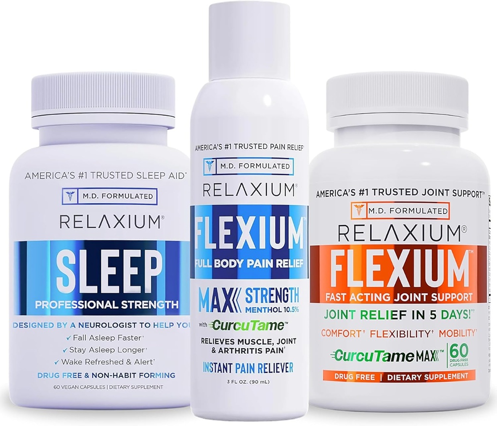 Relaxium Sleep Aid 60 Capsule + Flexium Fast Acting Joint Support 60 Capsule + Flexium Instant Spray for Pain, Max Strength with 10.5% Menthol & CurcuTame 90 ml (Family Pack Sleep & Joint Bundle)