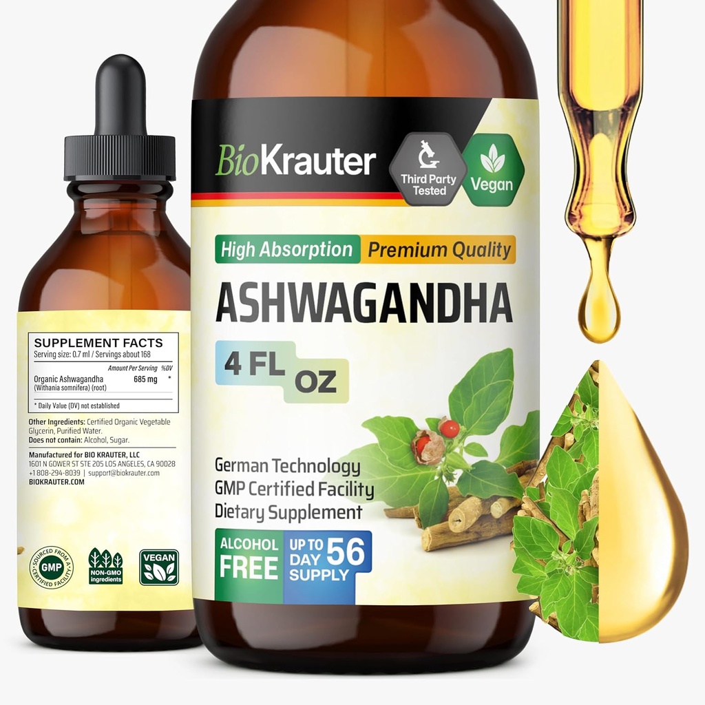 BIO KRAUTER Ashwagandha Liquid Drops - Ashwagandha Supplements for Calmness - Vegan Mood Support Drops - Alcohol & Sugar Free - 4 Fl.Oz.