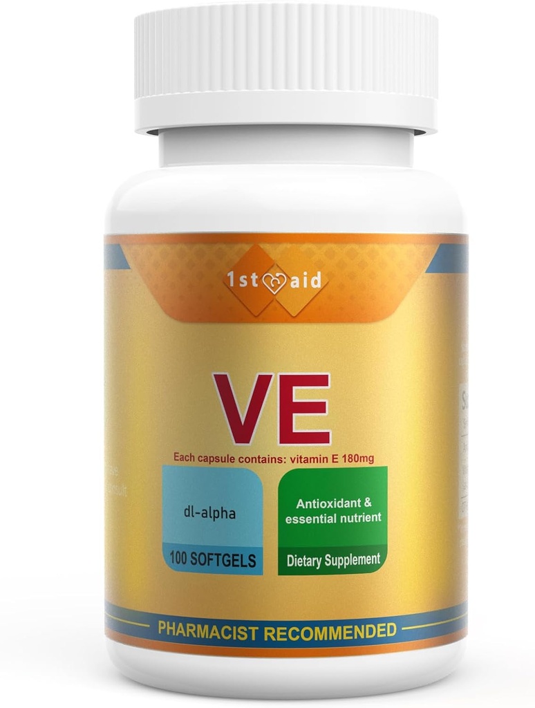 1st Aid Vitamin-E 180-mg DL-Alpha Tocotrienols-Capsules - 100Softgels Heart and Immune Support Dietary Softgels for Women Antioxidant Support