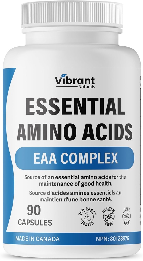 Essential Amino Acids - 1270mg Blend of All 9 Essential Aminos EAA Supplement with Branch Chain Amino Acids (BCAA) with Leucine & Lysine, 90 Capsules, Tested & Made in Canada