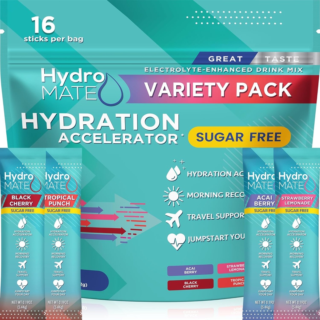 Electrolyte Powder Sugar-Free Hydration Packets Variety Pack HydroMATE 16 Sticks