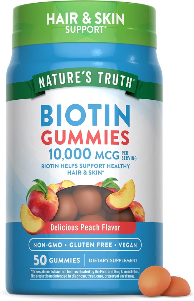 Nature's Truth Biotin Gummies | 10000mcg | 50 Count | Vegan, Non-GMO & Gluten Free Supplement | Peach Flavor