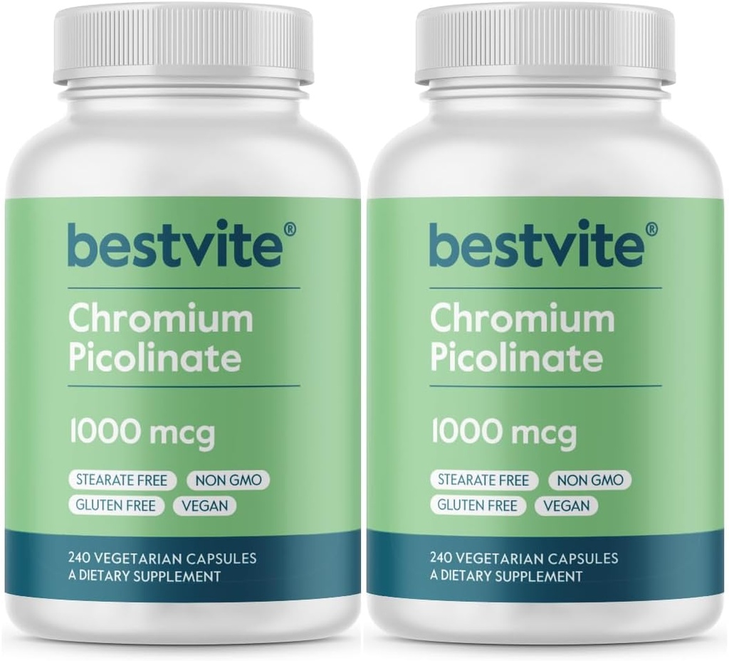 BESTVITE Chromium Picolinate 1000mcg (480 Vegetarian Capsules) (240 x 2) - No Stearates - No Dicalcium Phosphate - Vegan - Gluten Free - Non-GMO