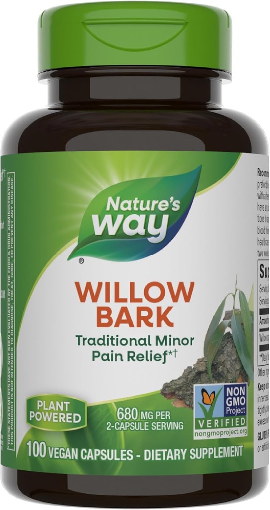 Nature's Way Willow Bark, Traditional Relief of Discomfort Due to Occasional Overexertion*, Non-GMO Project Verified, 680 mg per Serving, 100 Vegan Capsules
