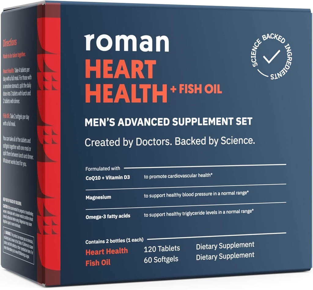 ROMAN Heart Health | Men's Daily Nutritional Supplement for Cardiovascular Support, Features Magnesium, Vitamins K + D3, CoQ10, and Spirulina | 30-Day Supply (120 Tablets + 60 Fish Oil Softgels)