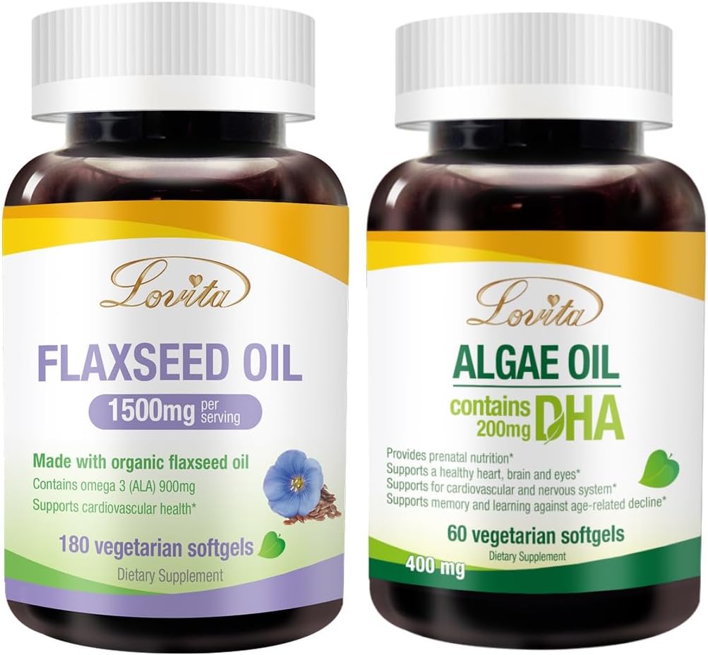 Lovita Flaxseed Oil & Algae DHA Oil Nutrients Bundle. Dietary Supplement Supports Better Nutrition & Overall Well-Being