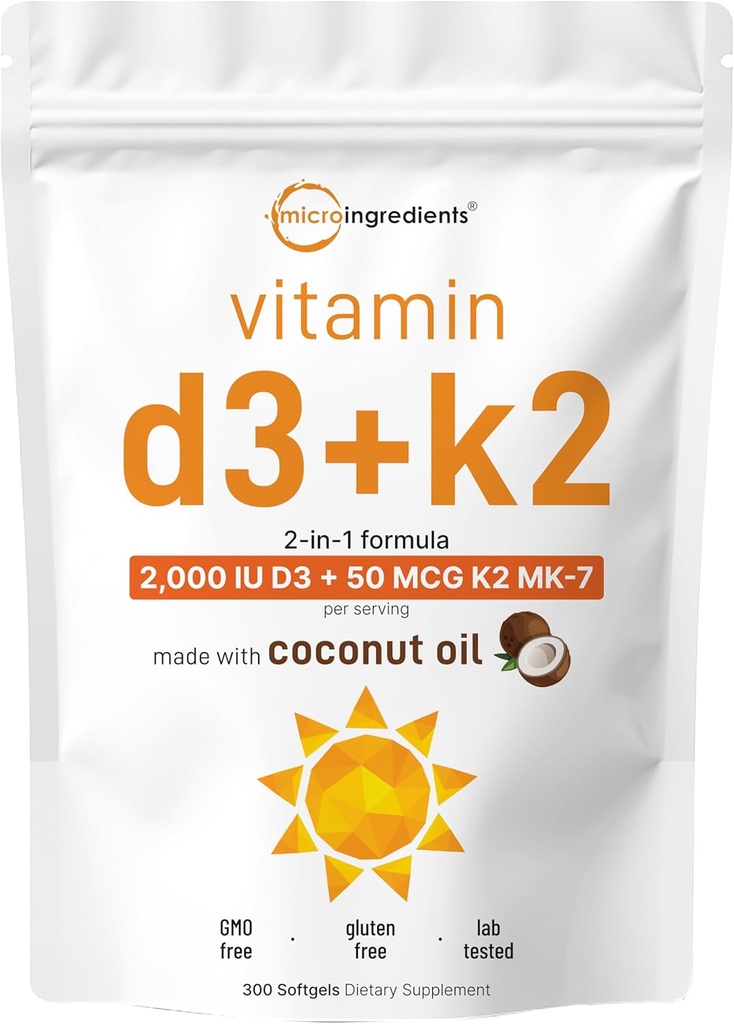 Micro Ingredients Vitamin D3 2,000 IU + K2 MK-7 50 mcg, 300 Softgels | Virgin Coconut Oil | 2-in-1 Bone, Immune & Heart Support | Easy to Swallow, Non-GMO