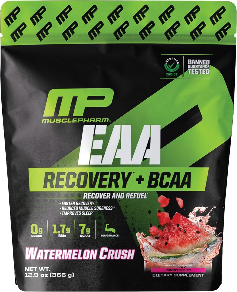 Muscle Pharm EAA Recovery + BCAAs, Post Workout Essential Amino Acids Powder, Pre Workout Energy Supplement for Men & Women with Branched Chain Amino Acids, 30 Servings (Watermelon Crush)