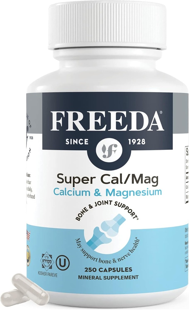 Freeda Super Cal/Mag – Kosher Vegan Bone Health Supplement – Supports Bone Strength, Nerve Function & Muscle Relaxation – Vegetarian Calcium Magnesium Capsules – Third-Party Tested – 250 Capsules