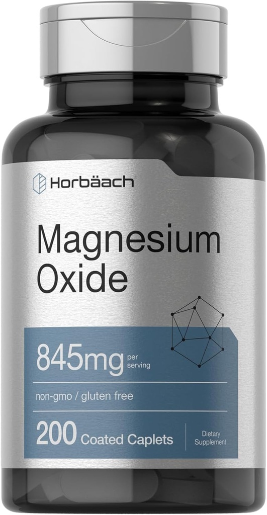 Horbäach Magnesium Oxide | 845 mg | 200 Coated Caplets | Vegetarian, Non-GMO, and Gluten Free Supplement