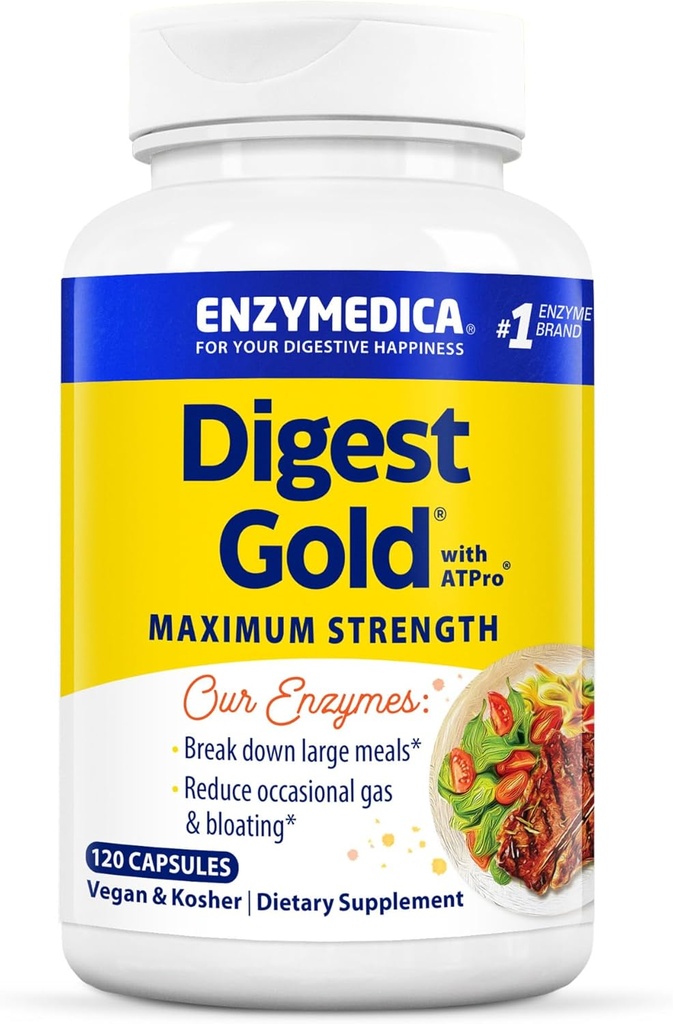 Enzymedica Digest Gold + ATPro, Maximum Strength Enzyme Formula, Prevents Bloating and Gas, 14 Key Enzymes Including Amylase, Protease, Lipase and Lactase, 120 Capsules