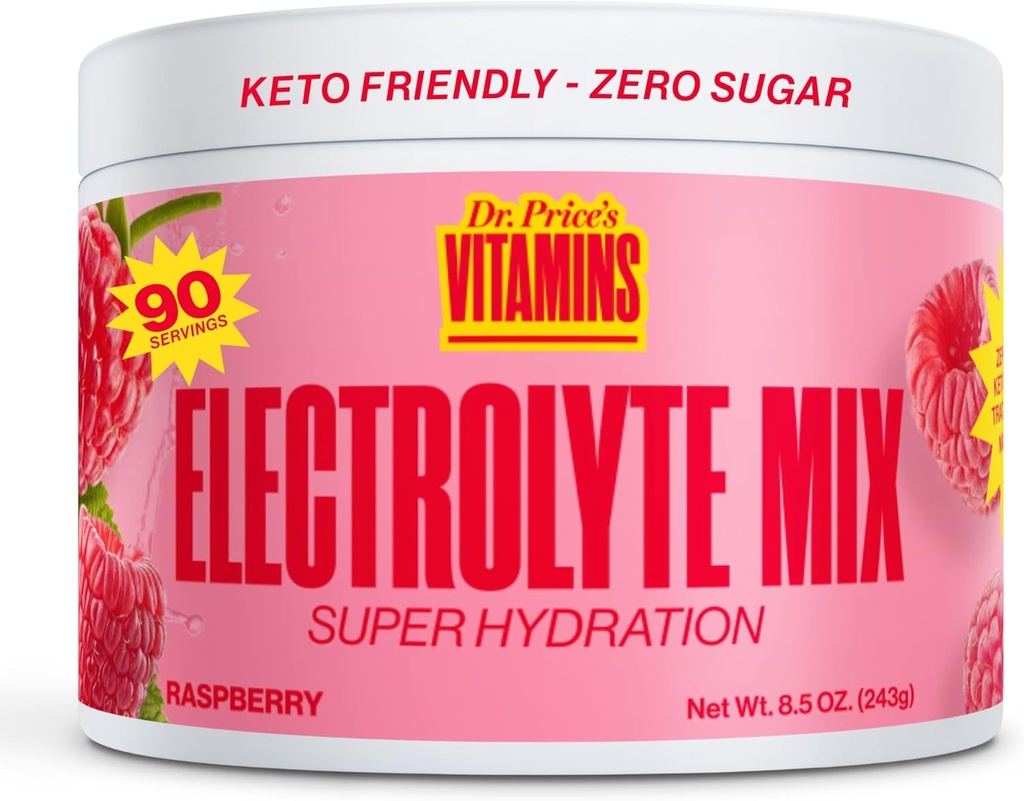 Dr. Price’s Electrolyte Mix | Sugar-Free Hydration Powder with 72+ Trace Minerals | No Sugar, Fast-Dissolving Electrolytes Powder Packets | Raspberry, 90 Servings