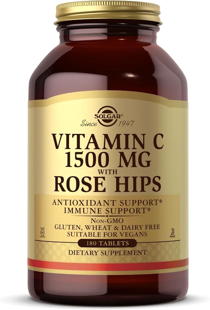 Solgar Vitamin C 1500 mg with Rose Hips, 180 Tablets - Antioxidant & Immune Support - Overall Health - Supports Healthy Skin & Joints - Non GMO, Vegan, Gluten Free, Dairy Free, Kosher - 180 Servings