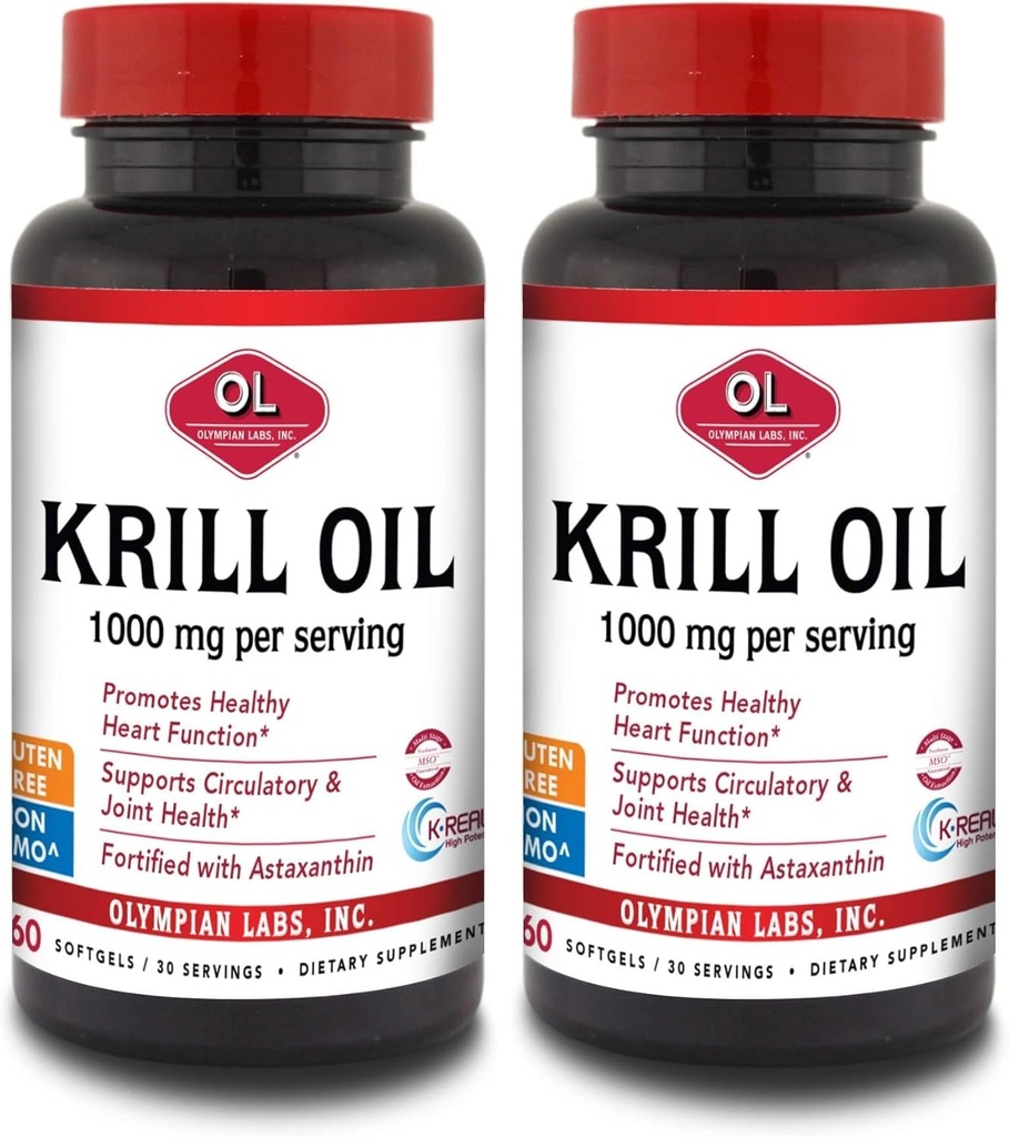 Olympian Labs Antarctic Krill Oil, 1000mg Caps with Astaxanthin, Omega-3, EPA, DHA, Immune, Joint & Brain Support, 60 Softgels (Pack of 2)