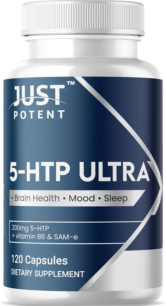 Just Potent 5-HTP Ultra 200mg | 120 Capsules - 4-Month Supply | for Sleep, Mood, and Brain Health | Fortified with SAM-e and Vitamin B6