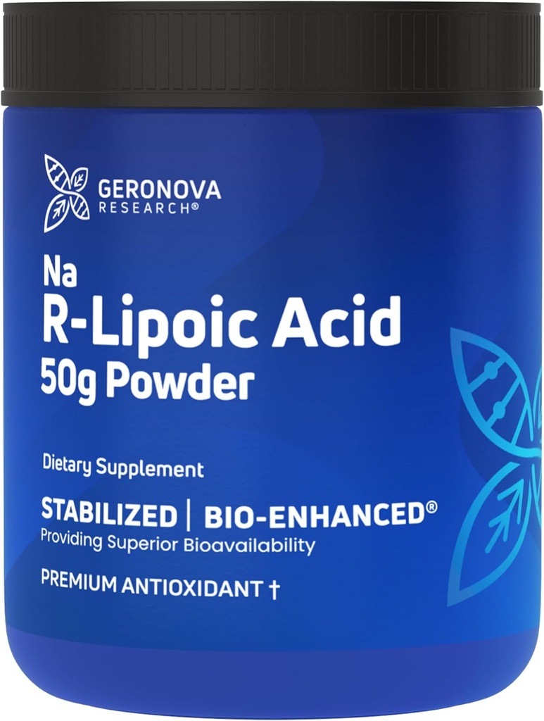 Geronova Research Bio-Enhanced Na R-Lipoic Acid Powder, 50g - 30-Day Supply - Stabilized R Alpha Lipoic Acid Powder for Flexible Dosage - Easy Mixing & Enhanced Absorption Nerve Support Supplement