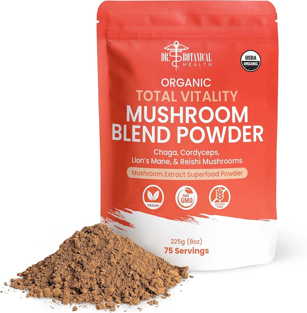 Organic Mushroom Powder Blend - 4-in-1 Reishi, Lion’s Mane, Cordyceps and Chaga Mushroom Supplement Extract Complex, Mushroom Blend Powder for Immune Boost & Brain Support, Add to Coffee, Tea or Water