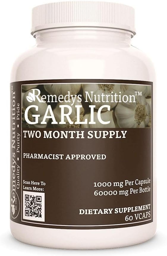 Remedy's nutrition Garlic | 1,000 mg, 60 Vegan Capsules Herbal Dietary Supplement | Two Month Supply