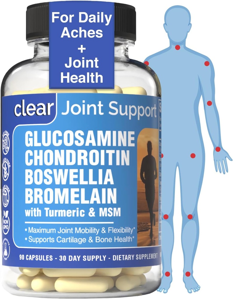 Glucosamine Chondroitin MSM with Turmeric & Boswellia 90 Capsules | 8-in-1 Joint Support Supplement for Flexibility & Mobility | Joint Supplement for Men & Women – Support Back, Knee, Hips & Joints