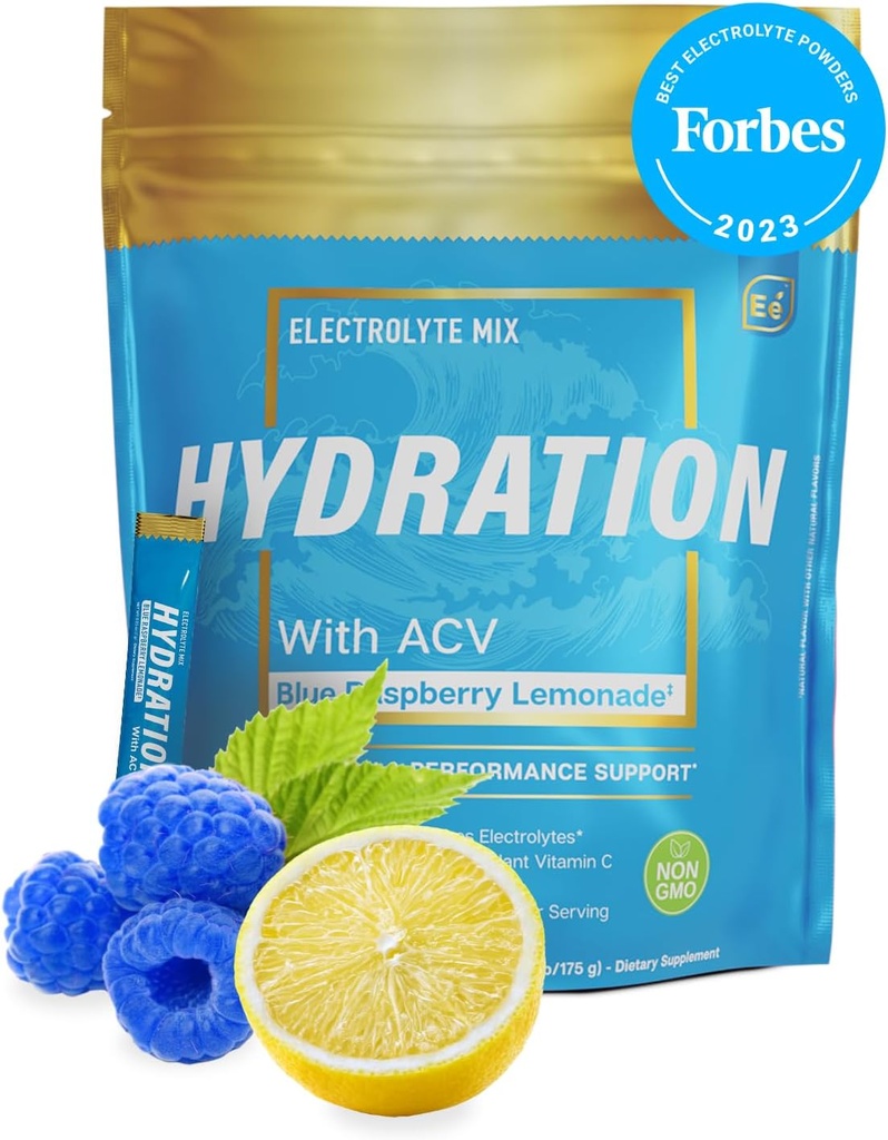 Essential Elements Hydration Packets - Blue Raspberry Pack - Sugar Free Electrolytes Powder Packets - 25 Stick Packs of Electrolytes Powder No Sugar - Hydration Drink - with ACV & Vitamin C