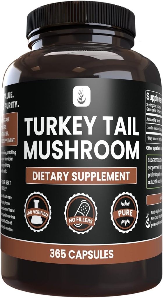 PURE ORIGINAL INGREDIENTS Turkey Tail Mushroom, (365 Capsules) No Magnesium Or Rice Fillers, Always Pure, Lab Verified