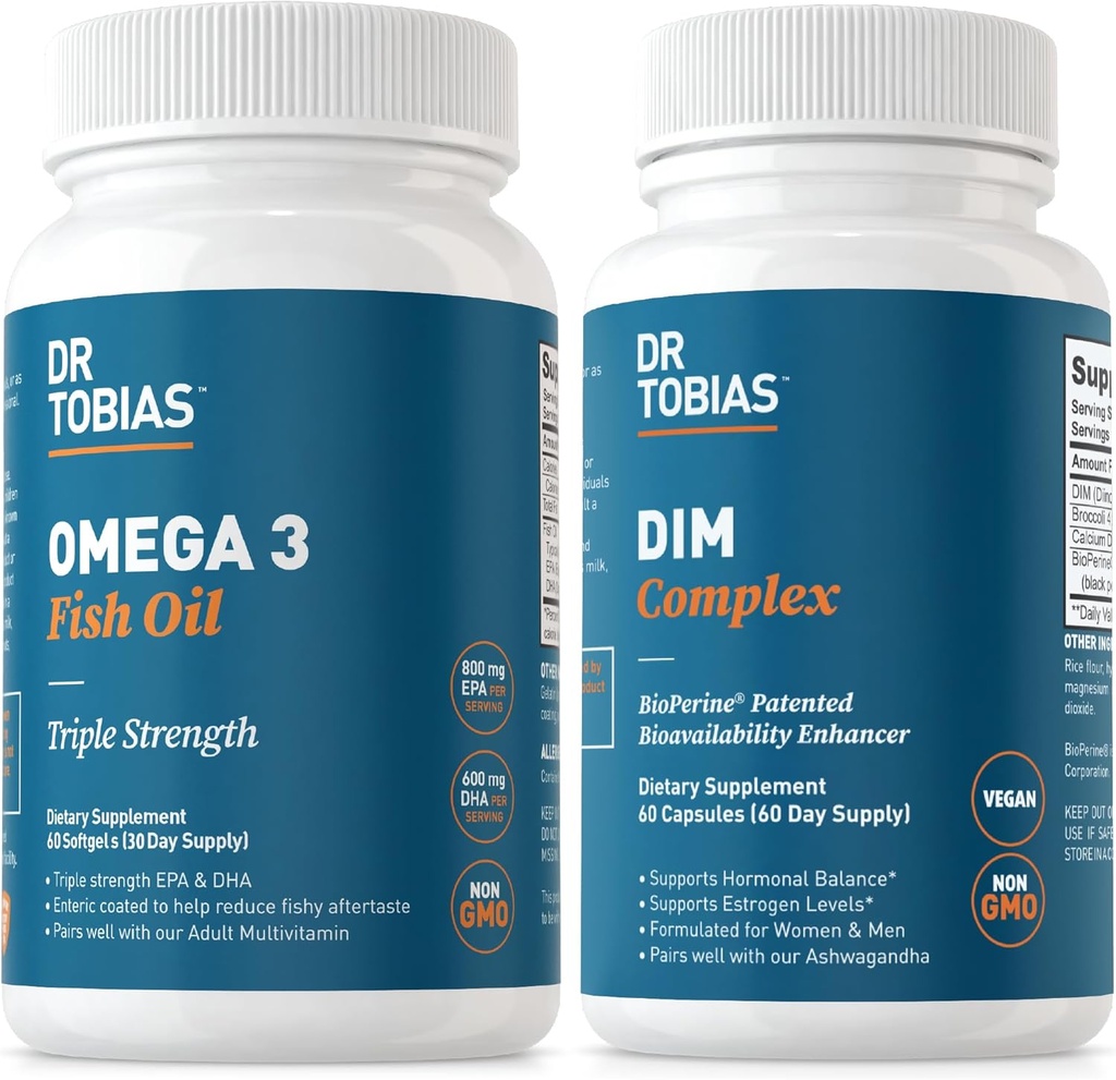 Dr. Tobias Omega 3 Fish Oil and DIM Complex Supplements, Supports Heart, Brain Immune Function and Hormone Balance for Women & Men with BioPerine, Borccoli Extract & Calcium D-Glucarate, 60 Capsules