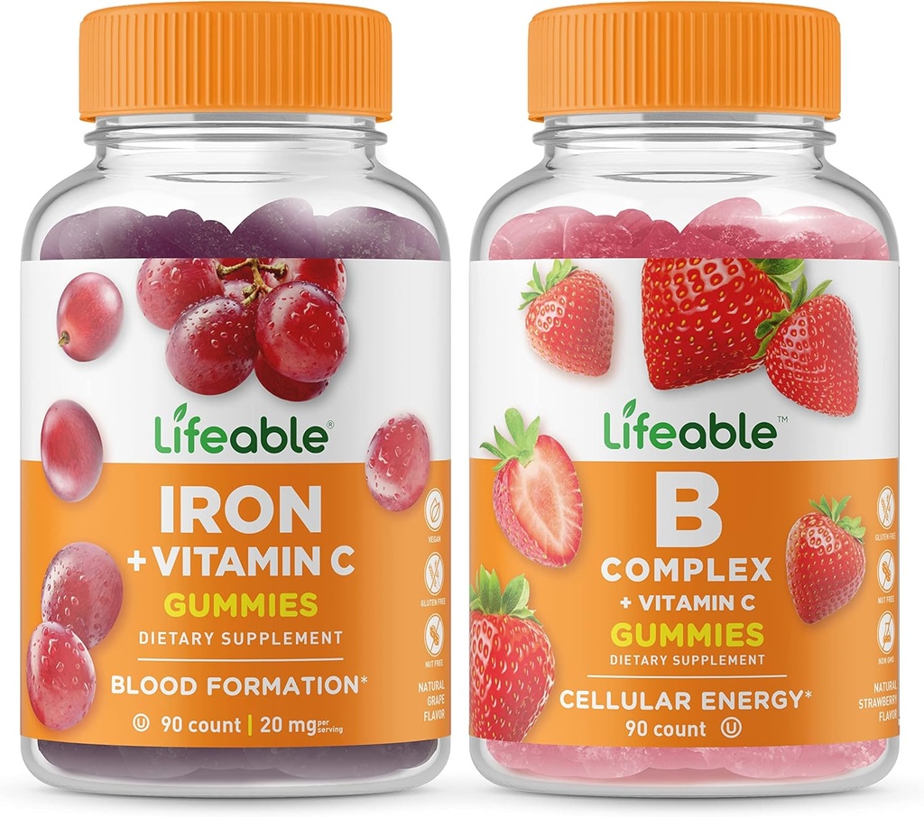 Lifeable Iron with Vitamin C + B Complex, Gummies Bundle - Great Tasting, Vitamin Supplement, Gluten Free, GMO Free, Chewable Gummy