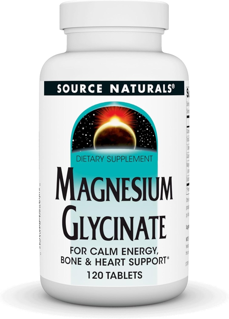 Source Naturals Magnesium Glycinate, Chelated for high Absorption | for Calm Energy, Bone & Heart Support*, 200 mg per Serving - 120 Tablets