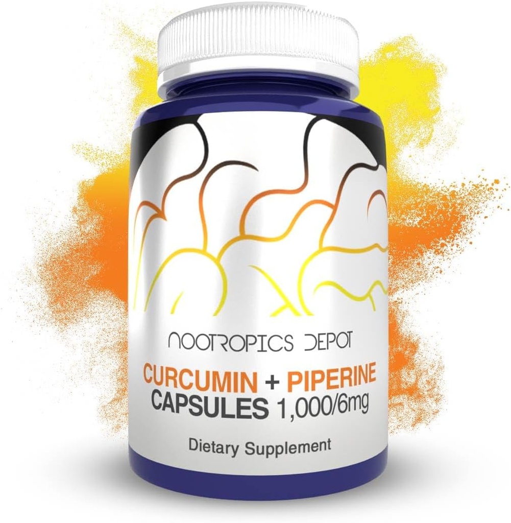 Nootropics Depot Curcumin + Piperine Capsules | 1000mg Curcumin + 6mg Piperine | 180 Count