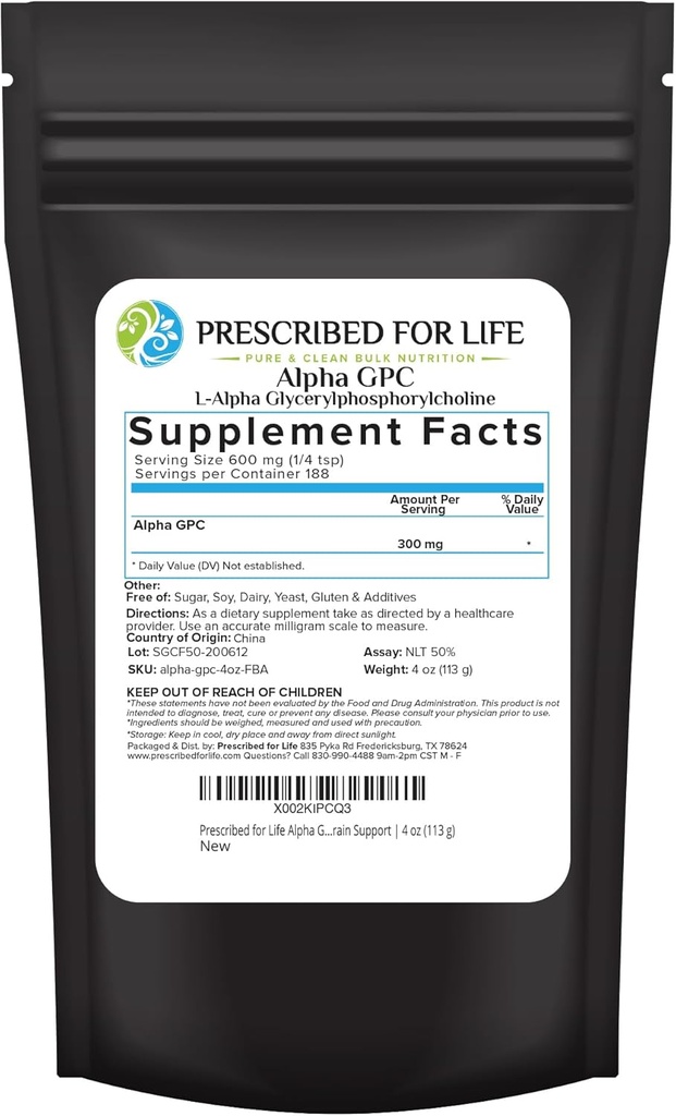 Prescribed For Life Alpha GPC Powder, L Alpha glycerylphosphorylcholine, Choline Supplement for Cognitive Function, Non GMO, Vegan, Soy Free (113g)