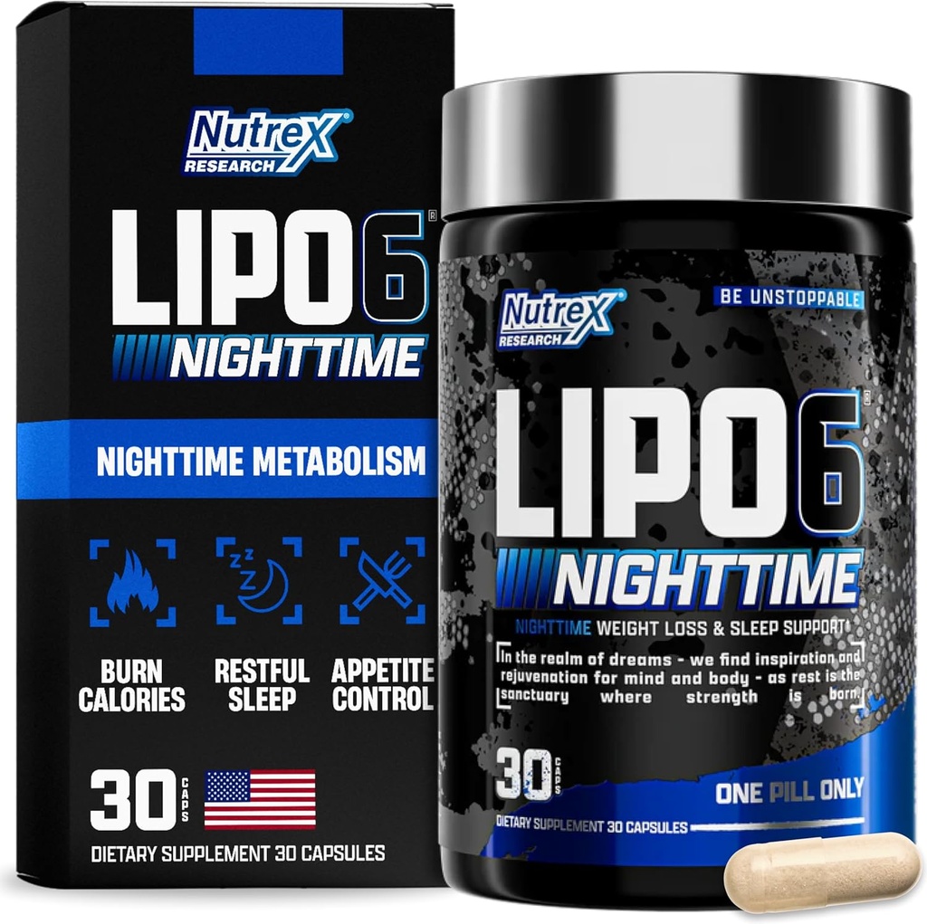 Nutrex Lipo 6 Nighttime Fat Burner | Melatonin Sleep Aid & Weight Loss Diet Pills for Men and Women | Night Time Metabolism Booster Appetite Suppressant | 30 Servings (1)