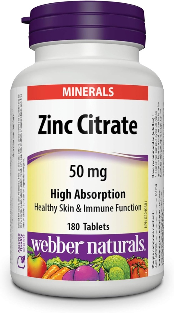 Webber Naturals Zinc Citrate 50 mg, 180 Tablets