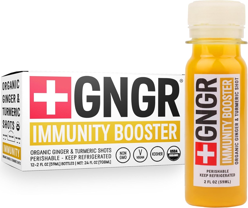 +GNGR Immunity Booster Organic Ginger and Turmeric Shot - Cold Pressed Ginger Shots with Turmeric, Cayenne Pepper, Orange, Lemon for All Natural Immune & Digestive Support 2 fl oz (Pack of 12)