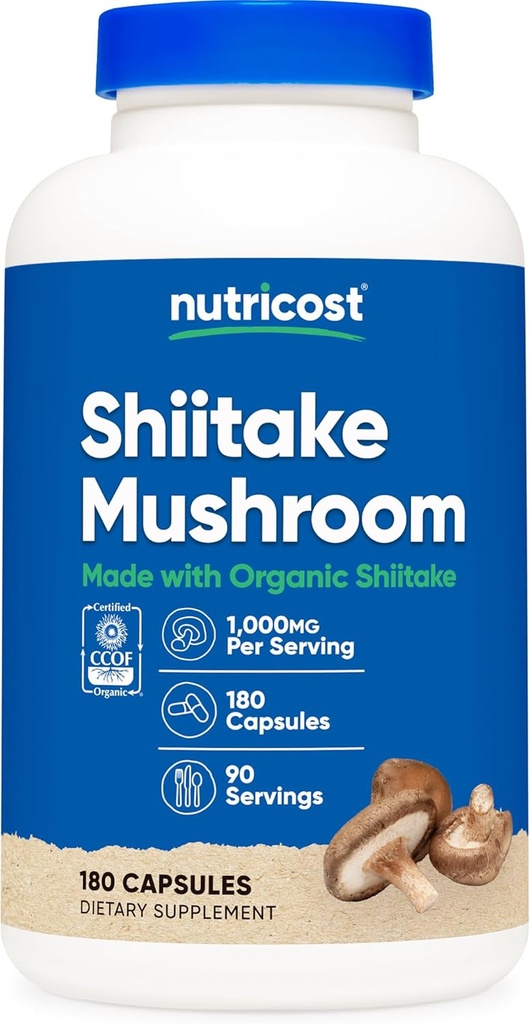 Nutricost Organic Shiitake Mushroom Capsules 1000mg, 90 Servings - CCOF Certified Made with Organic, Vegetarian, Gluten Free, 500mg Per Capsule, 180 Capsules