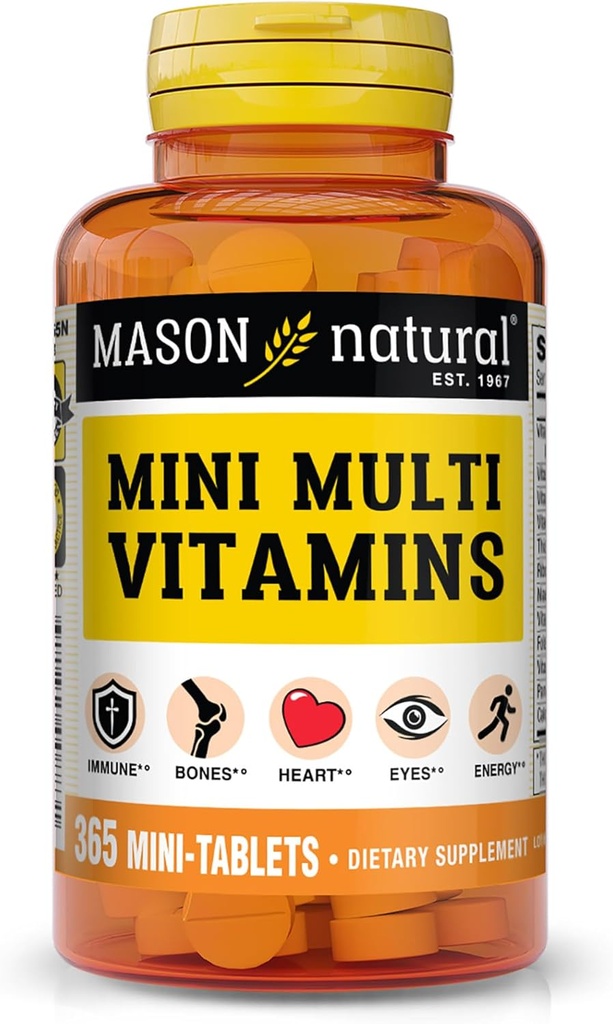 MASON NATURAL Mini Multi Vitamins, Vitamins A, C, D3, E, B1, B2, B3, B6, B12, Folate and Calcium for Overall Health, 1 Year Supply