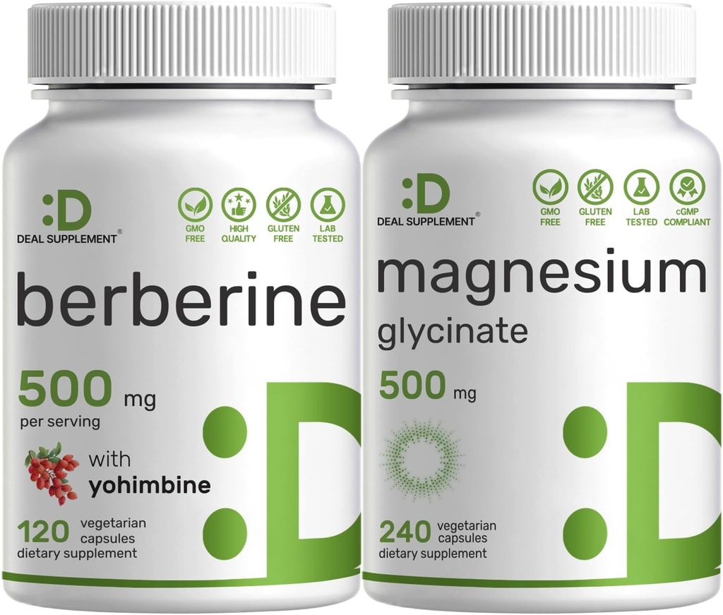 Deal Supplement Magnesium Glycinate 500mg Veggie Capsules & Berberine Supplement with Yohimbine Bundle – Easily Absorbed Chelated Mineral – High Absorption Hydrochloride HCl Forms