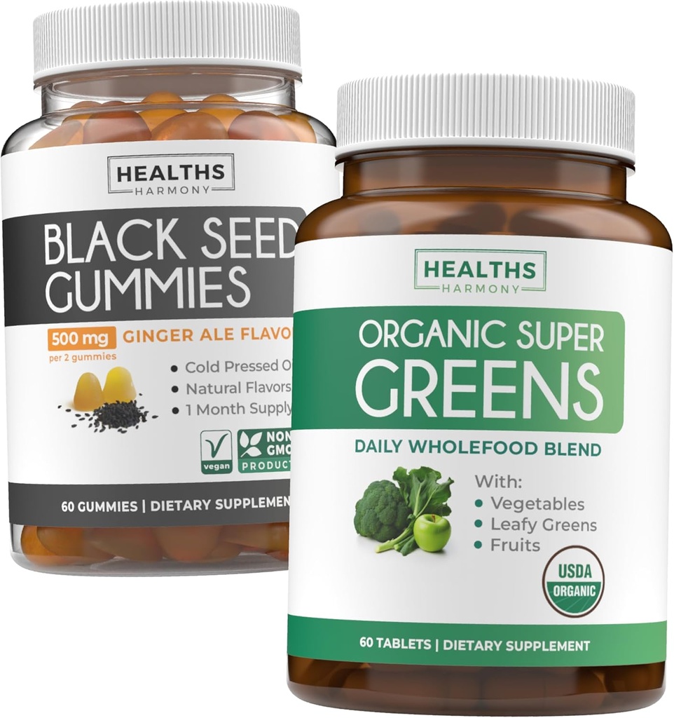 Black Seed Oil Gummies & Super Greens (1-Month) - Daily Green Boost - Black Seed Oil Gummies Ginger Ale Flavor Cold-Pressed Nigella Sativa & Organic Super Greens Complete Super Food Supplement
