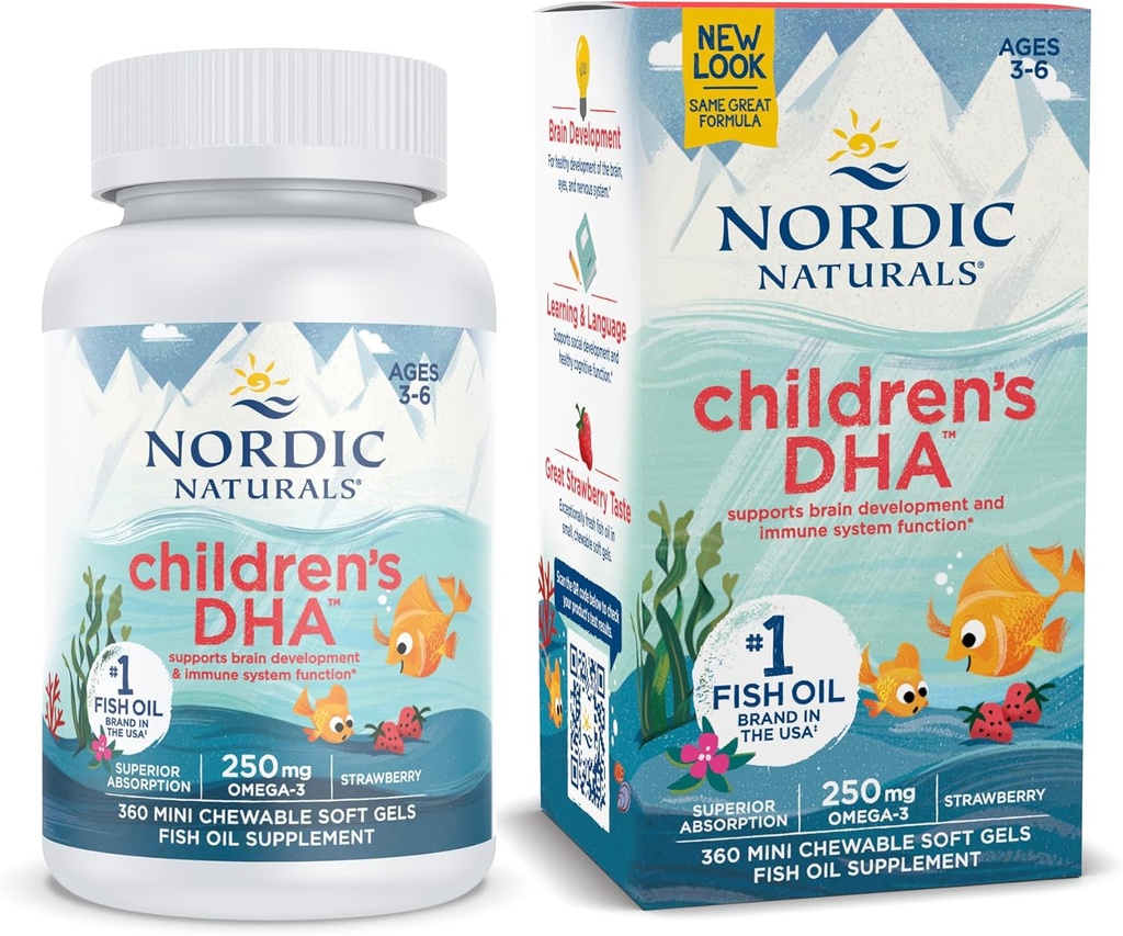 Nordic Naturals Children’s DHA, Strawberry - 360 Mini Chewable Soft Gels for Kids - 250 mg Omega-3 with EPA & DHA - Brain Development & Function - Non-GMO - 90 Servings
